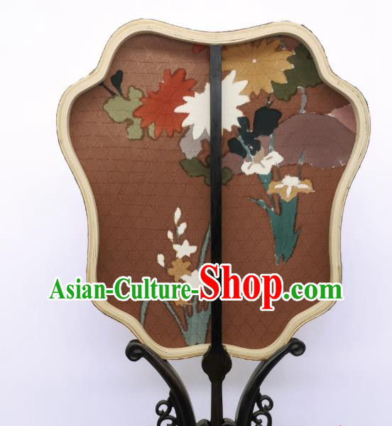 China Traditional Brown Silk Fan Cheongsam Dance Fans Hand Painting Orchids Chrysanthemum Palace Fan