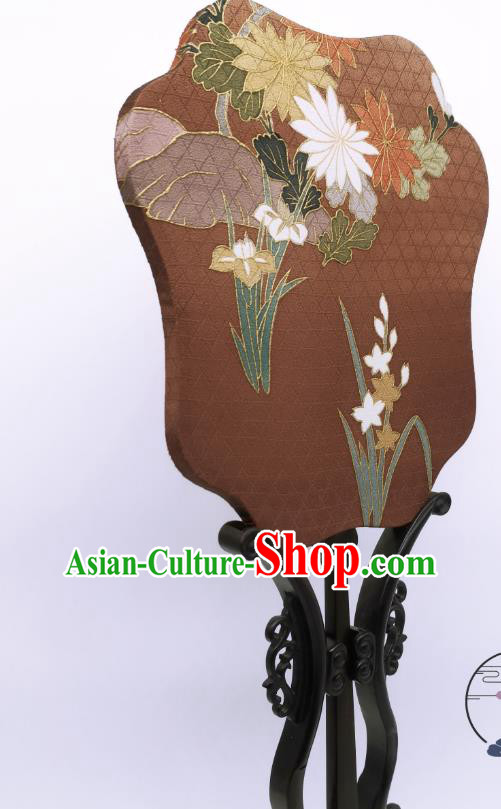 China Traditional Brown Silk Fan Cheongsam Dance Fans Hand Painting Orchids Chrysanthemum Palace Fan