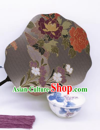 China Classical Cheongsam Dance Fans Hand Painting Peony Palace Fan Traditional Grey Silk Fan