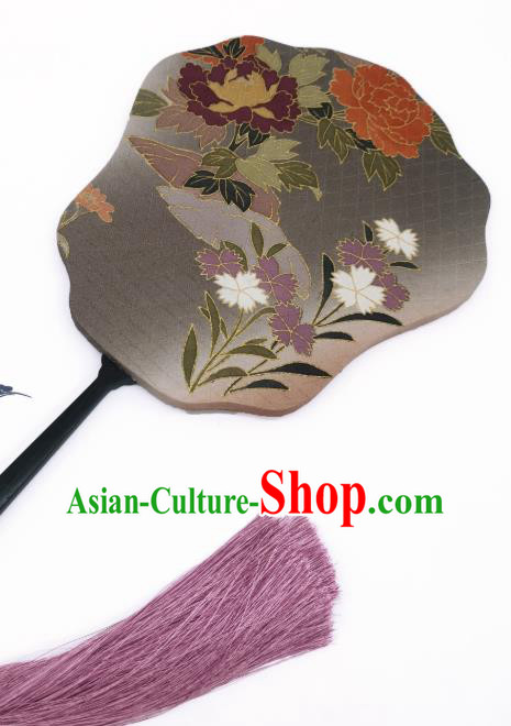 China Classical Cheongsam Dance Fans Hand Painting Peony Palace Fan Traditional Grey Silk Fan