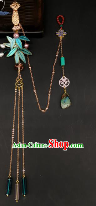 China Traditional Cheongsam Brooch Accessories Handmade Blue Silk Bamboo Leaf Lappet Pendant
