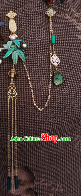 China Traditional Cheongsam Brooch Accessories Handmade Blue Silk Bamboo Leaf Lappet Pendant
