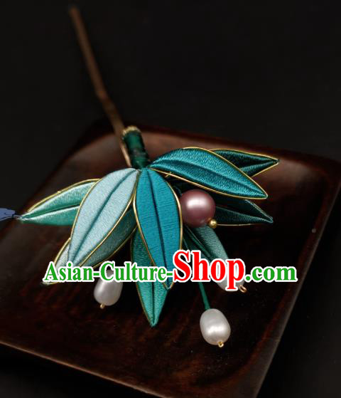 Chinese Traditional Hanfu Hairpin Handmade Ancient Princess Silk Bamboo Leaf Hair Stick