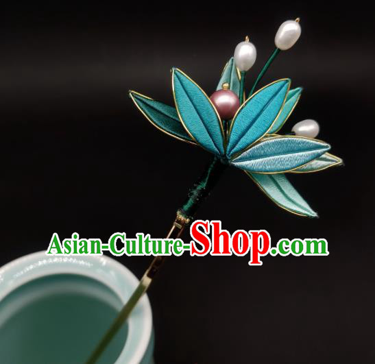 Chinese Traditional Hanfu Hairpin Handmade Ancient Princess Silk Bamboo Leaf Hair Stick