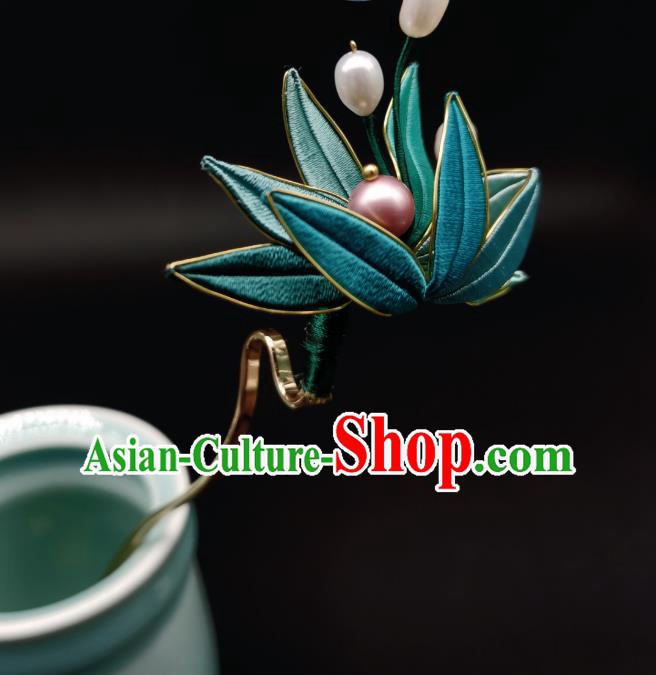 Chinese Traditional Hanfu Hairpin Handmade Ancient Princess Silk Bamboo Leaf Hair Stick