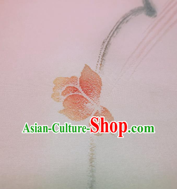 Asian Japanese Yukata Pink Silk Fabric Japan Traditional Kimono Ink Painting Flower Brocade Material