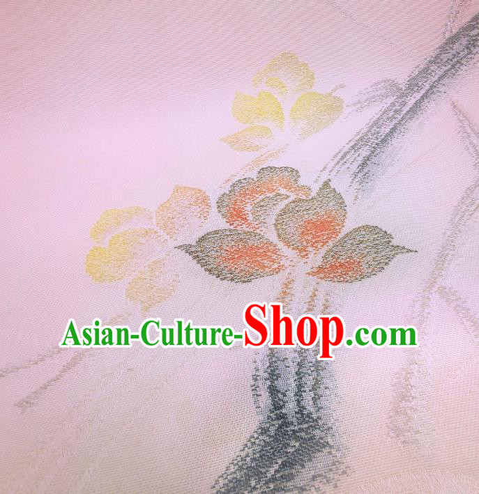Asian Japanese Yukata Pink Silk Fabric Japan Traditional Kimono Ink Painting Flower Brocade Material