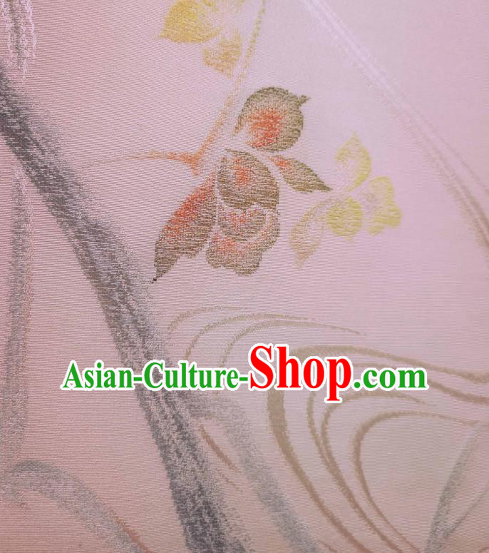 Asian Japanese Yukata Pink Silk Fabric Japan Traditional Kimono Ink Painting Flower Brocade Material