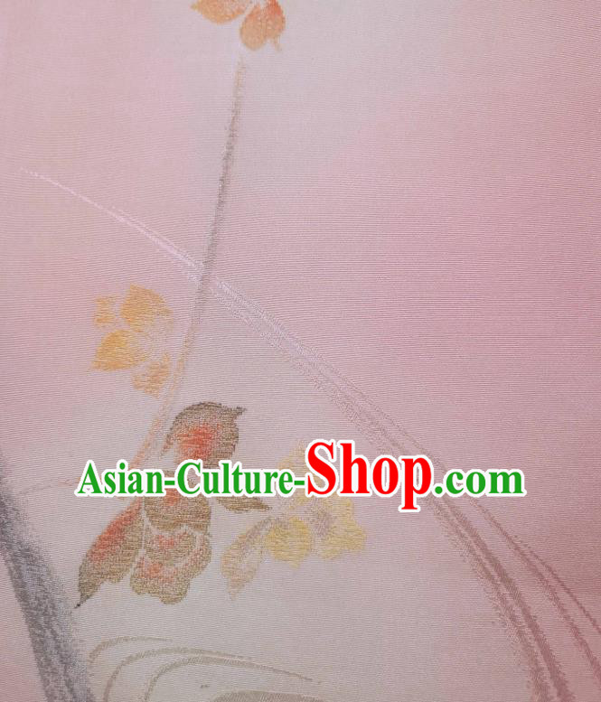 Asian Japanese Yukata Pink Silk Fabric Japan Traditional Kimono Ink Painting Flower Brocade Material