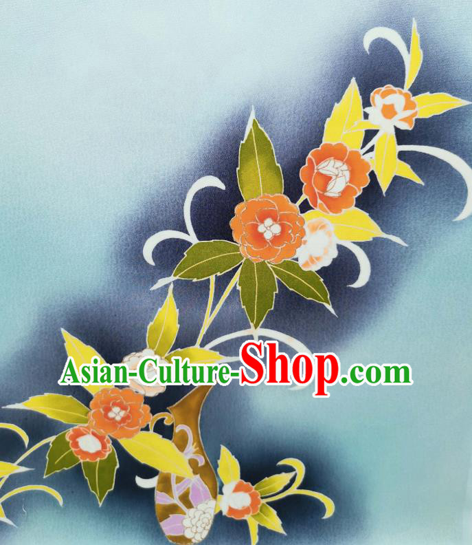 Japan Traditional Kimono Blue Brocade Material Asian Japanese Yukata Hand Painting Camellia Silk Fabric