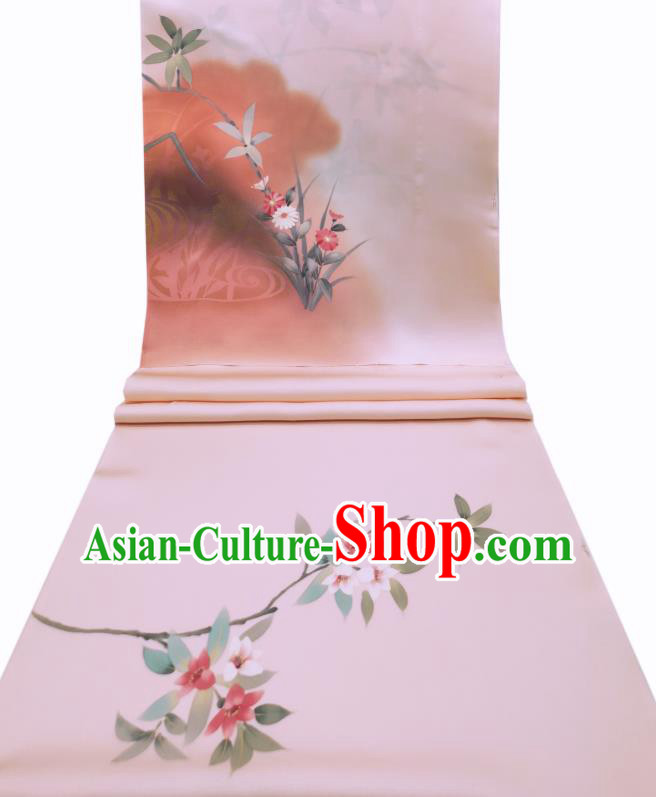 Asian Japan Traditional Hand Painting Pink Silk Fabric Brocade Material Japanese Kimono Cloth