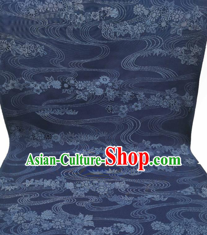 Asian Japan Classical Flow Chrysanthemum Pattern Silk Fabric Traditional Japanese Kimono Navy Brocade Material