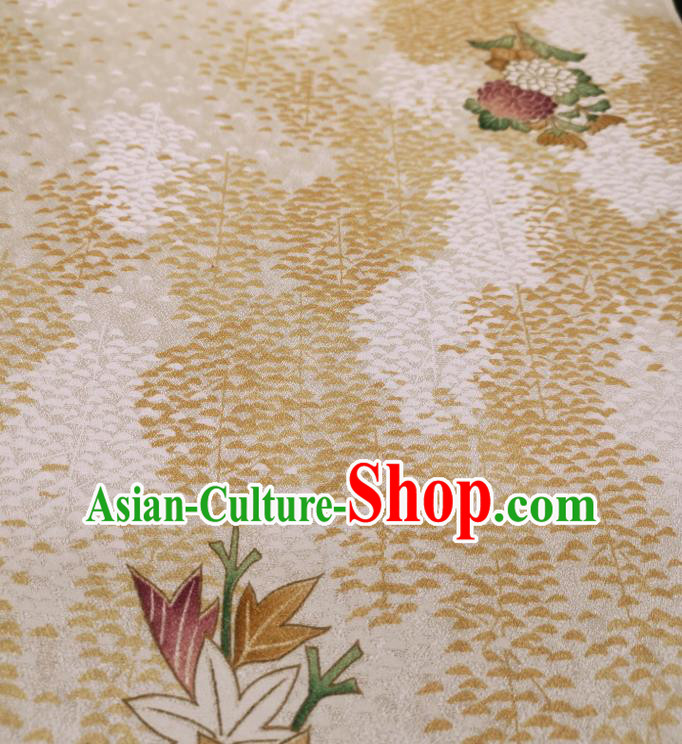 Asian Japanese Yukata Beige Silk Fabric Japan Traditional Kimono Printing Brocade Material
