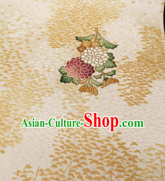 Asian Japanese Yukata Beige Silk Fabric Japan Traditional Kimono Printing Brocade Material