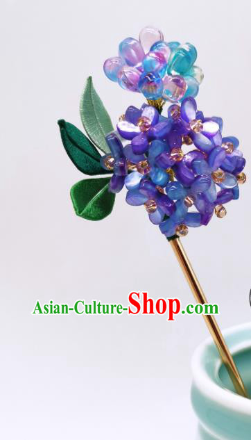 Chinese Traditional Hanfu Hairpin Handmade Ancient Palace Lady Purple Hydrangea Hair Stick