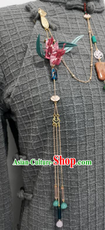 China Traditional Cheongsam Jade Brooch Accessories Handmade Pink Silk Orchids Lappet Pendant