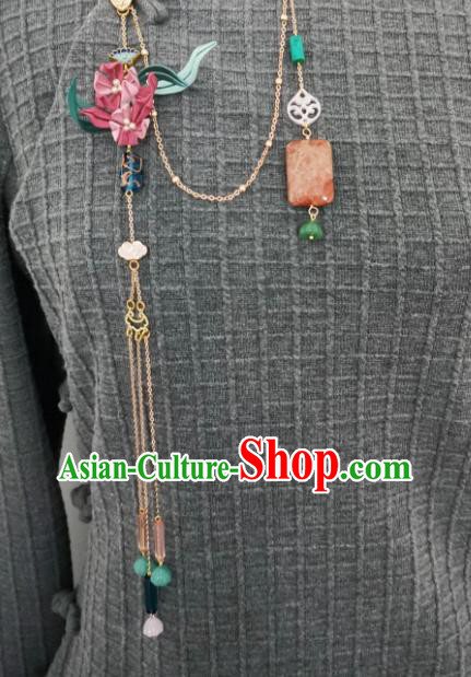 China Traditional Cheongsam Jade Brooch Accessories Handmade Pink Silk Orchids Lappet Pendant