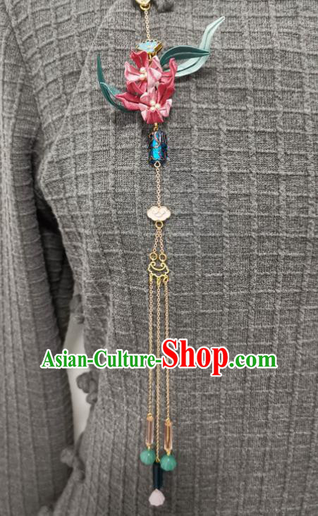 China Traditional Cheongsam Jade Brooch Accessories Handmade Pink Silk Orchids Lappet Pendant