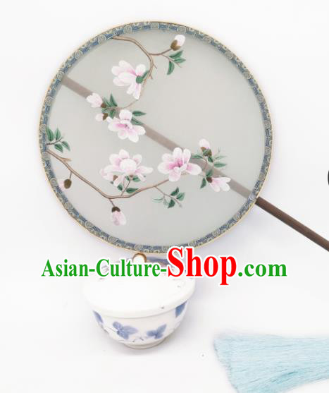 China Traditional Song Dynasty Silk Fan Classical Hanfu Embroidered Mangnolia Circular Fans Ancient Princess Palace Fan