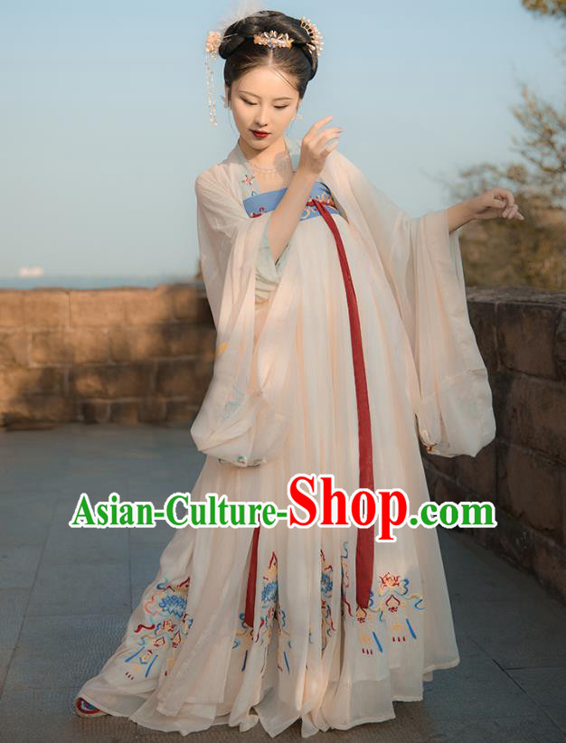 China Ancient Goddess White Hanfu Dress Traditional Tang Dynasty Embroidered Historical Clothing for Court Beauty