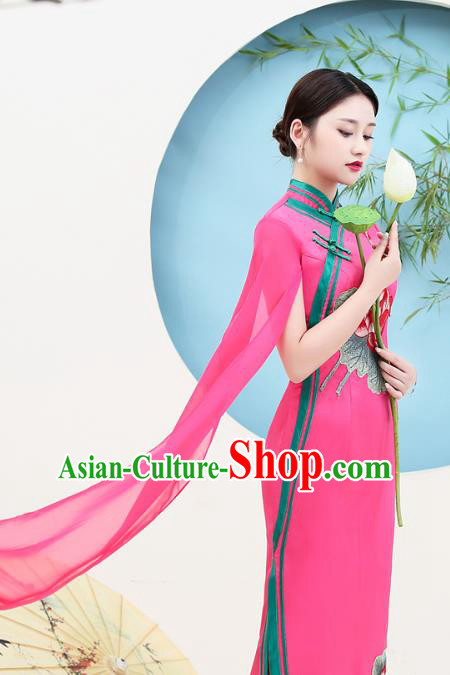 China Stage Show Embroidery Lotus Cheongsam Miss Etiquette Clothing Catwalks Rosy Satin Qipao Dress
