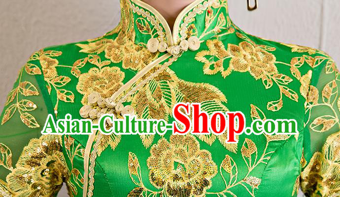 China Classical Dance Lace Sequins Green Qipao Dress Catwalks Show Aodai Cheongsam