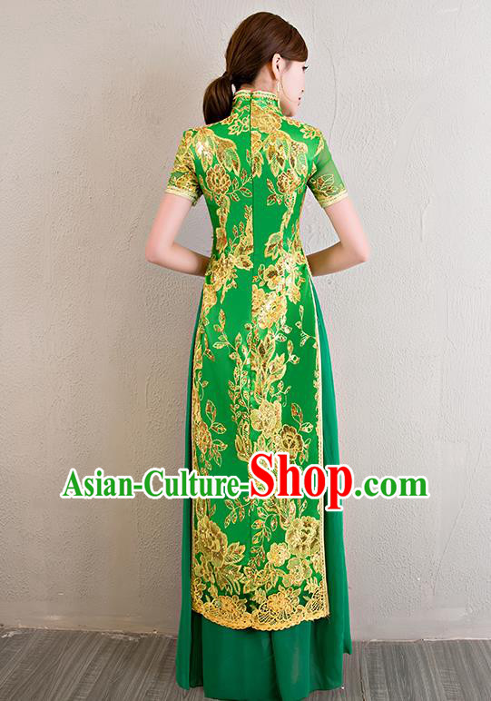 China Classical Dance Lace Sequins Green Qipao Dress Catwalks Show Aodai Cheongsam