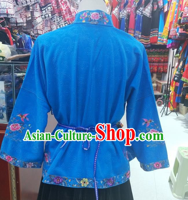 Chinese Traditional Hmong Ethnic Embroidery Blue Blouse Miao Nationality Folk Dance Shirt Clothing