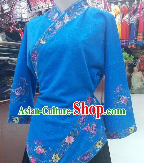 Chinese Traditional Hmong Ethnic Embroidery Blue Blouse Miao Nationality Folk Dance Shirt Clothing