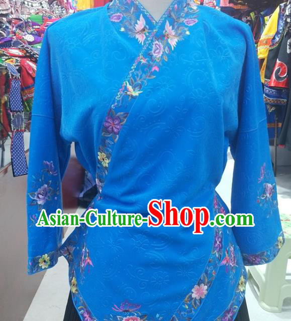 Chinese Traditional Hmong Ethnic Embroidery Blue Blouse Miao Nationality Folk Dance Shirt Clothing