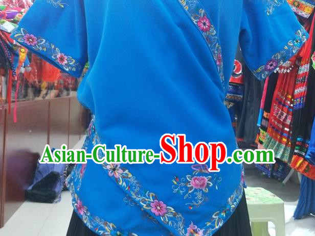 Chinese Traditional Hmong Ethnic Embroidery Blue Blouse Miao Nationality Folk Dance Shirt Clothing