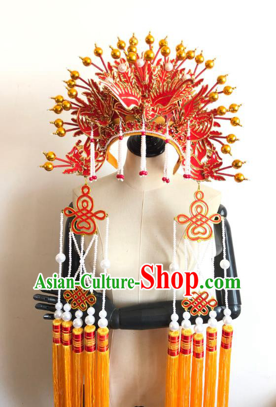 China Traditional Peking Opera Empress Hair Accessories Handmade Red Phoenix Coronet