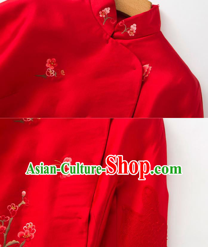 Chinese Traditional Women Cheongsam Clothing National Classical Embroidered Red Lace Qipao Dress