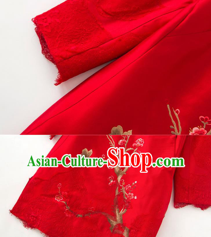 Chinese Traditional Women Cheongsam Clothing National Classical Embroidered Red Lace Qipao Dress