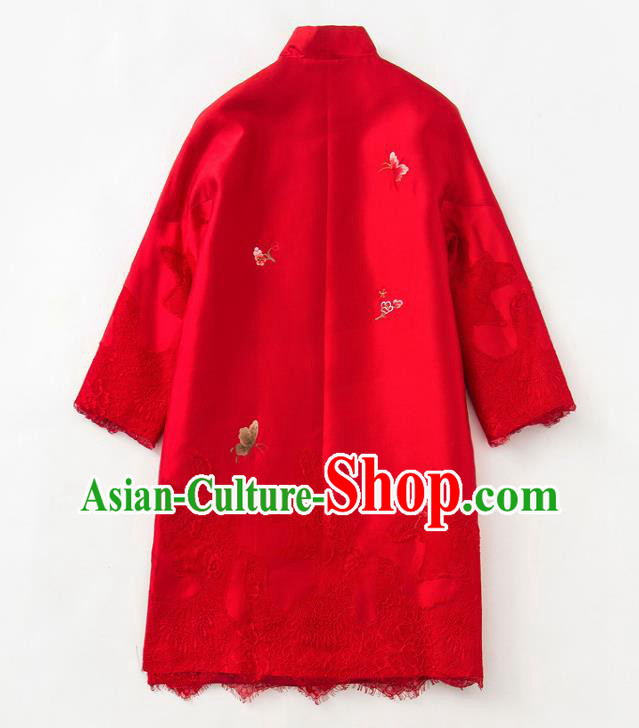 Chinese Traditional Women Cheongsam Clothing National Classical Embroidered Red Lace Qipao Dress
