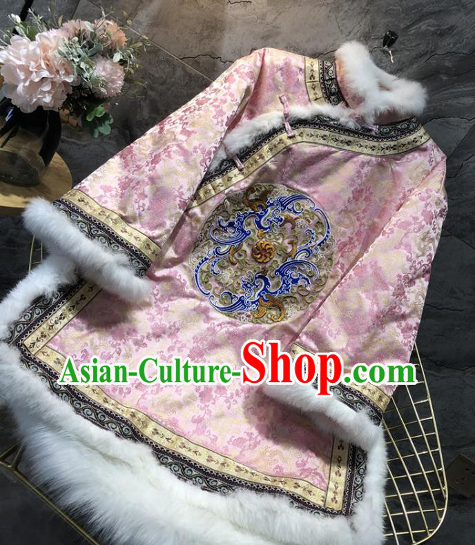 China Tang Suit Coat Traditional Embroidered Pink Silk Cotton Padded Jacket Woman Winter Outer Garment