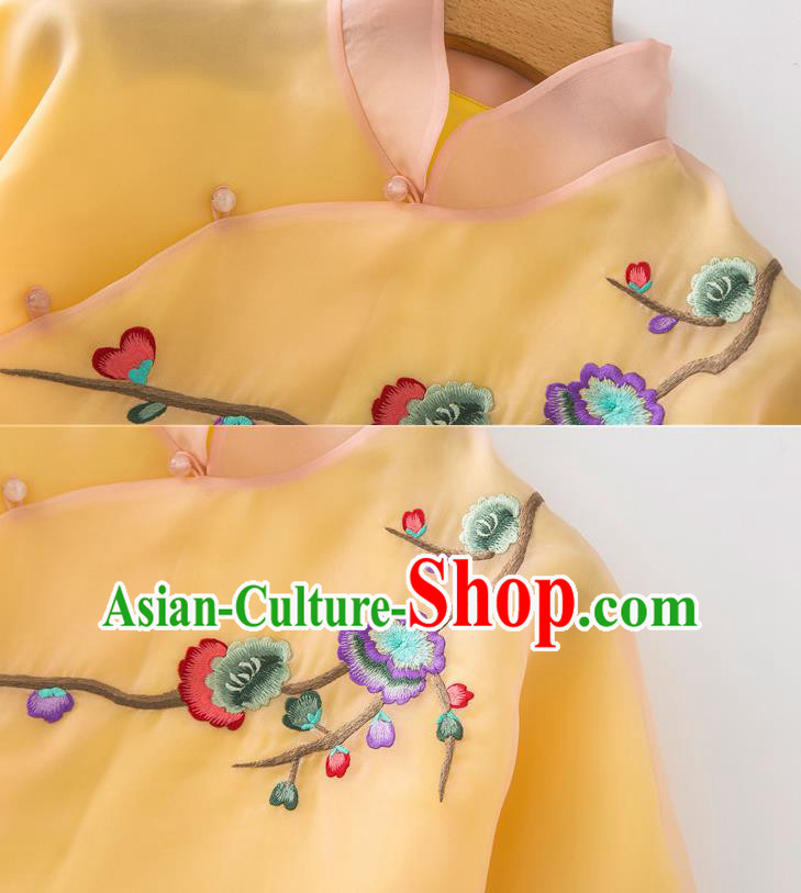 China Traditional Tang Suit Shirt Upper Outer Garment Women Embroidered Orange Organza Blouse