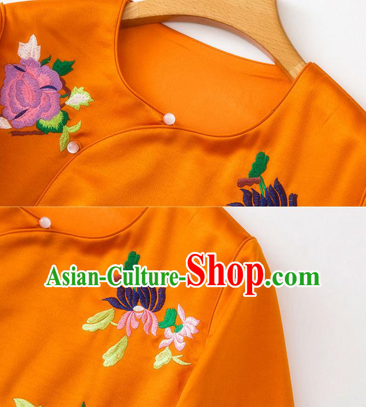China Embroidered Peony Blouse Traditional Tang Suit Upper Outer Garment Orange Silk Shirt
