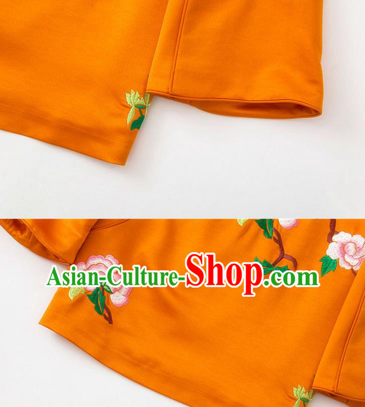 China Embroidered Peony Blouse Traditional Tang Suit Upper Outer Garment Orange Silk Shirt