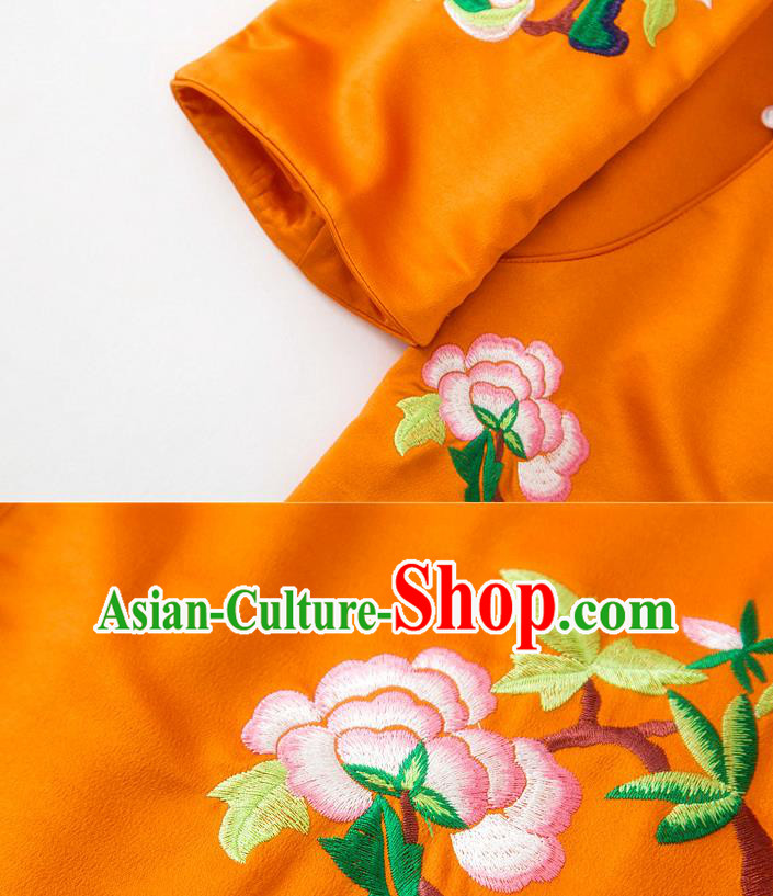 China Embroidered Peony Blouse Traditional Tang Suit Upper Outer Garment Orange Silk Shirt