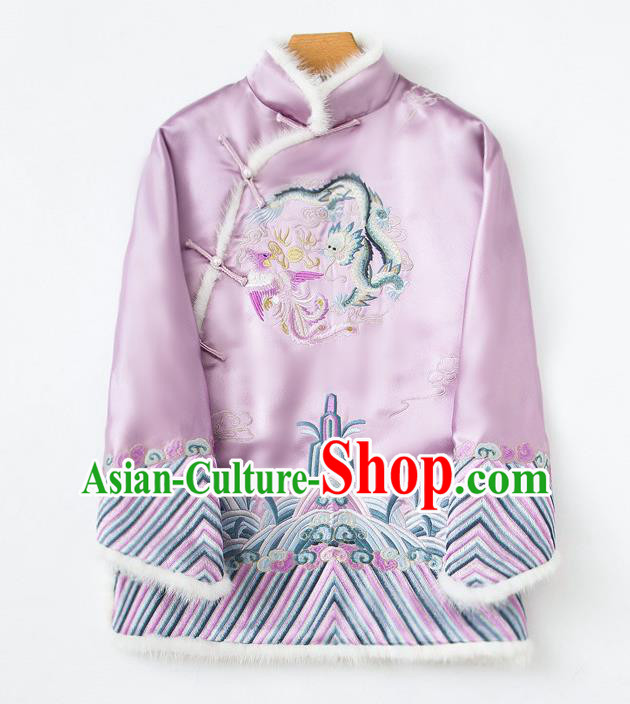 China Embroidered Cotton Wadded Jacket Traditional Tang Suit Outer Garment Winter Lilac Silk Coat