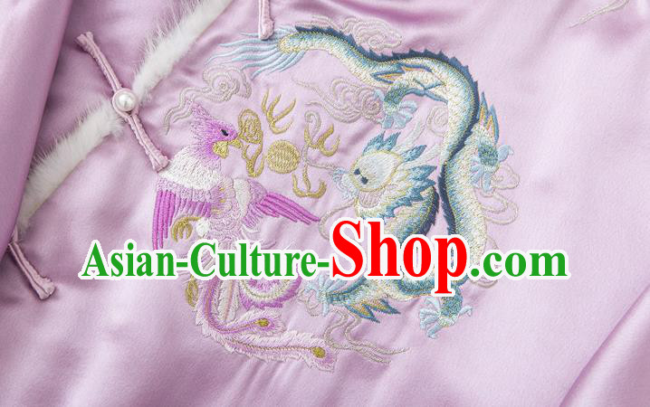 China Embroidered Cotton Wadded Jacket Traditional Tang Suit Outer Garment Winter Lilac Silk Coat