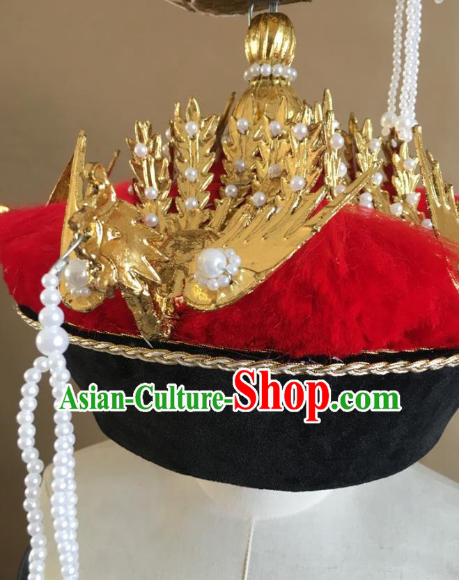 China Traditional Qing Dynasty Empress Hat Handmade Ancient Queen Golden Phoenix Headwear