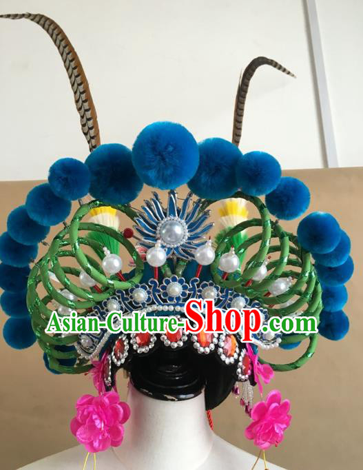China Traditional Peking Opera Blues Hat Handmade Beijing Opera Female Swordsman Headwear