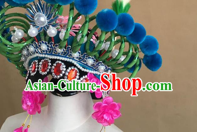 China Traditional Peking Opera Blues Hat Handmade Beijing Opera Female Swordsman Headwear