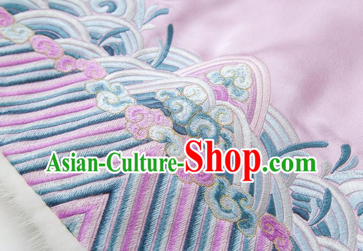 China Embroidered Cotton Wadded Jacket Traditional Tang Suit Outer Garment Winter Lilac Silk Coat