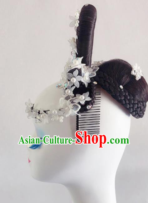 China Traditional Folk Dance Hair Accessories Handmade Wig Chignon Classical Dance Headdress
