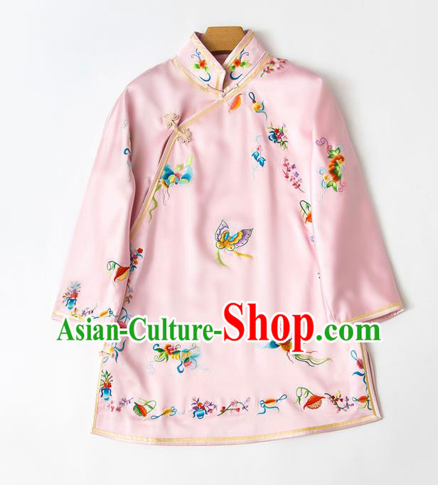 China Traditional Tang Suit Outer Garment Pink Silk Coat Embroidered Butterfly Jacket