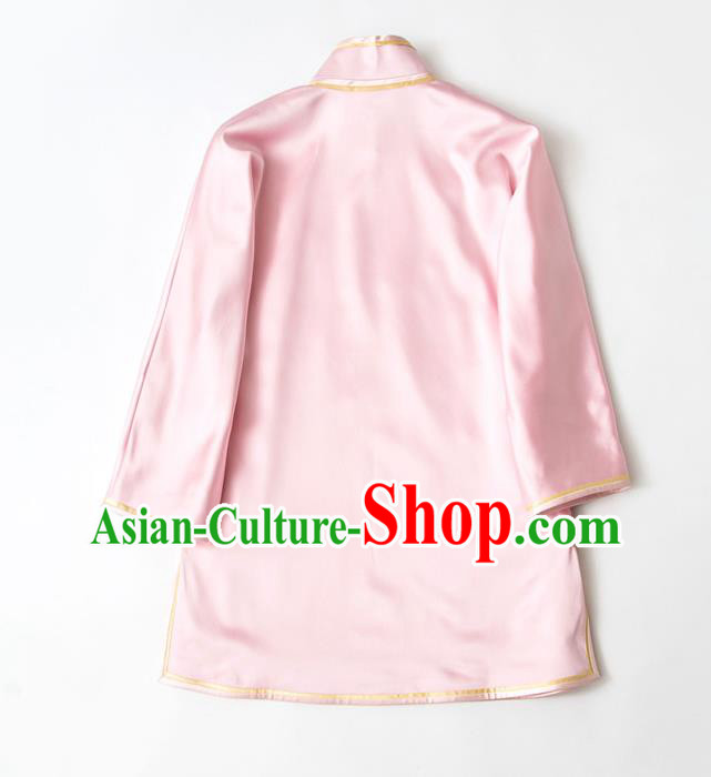 China Traditional Tang Suit Outer Garment Pink Silk Coat Embroidered Butterfly Jacket