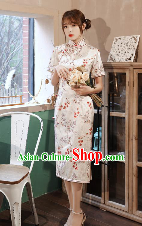Chinese Classical Printing Peacock White Silk Qipao Dress Traditional Women Cheongsam Clothing